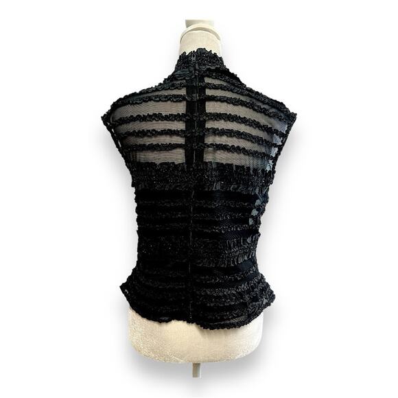 TADASHI Neiman Marcus Sheer Black Mini Ruffle Black Sparkle Cap Sleeve Top 8 - Picture 12 of 16